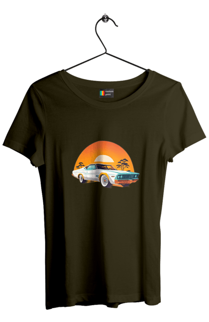 Women`s t-shirt with prints Beautiful car at sunset. Auto, decline, sun. 2070702
