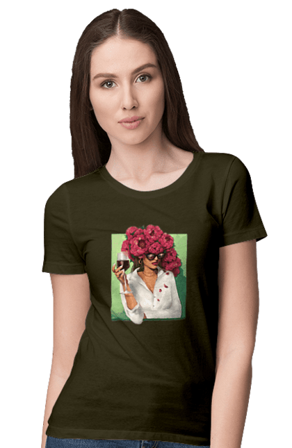 Women`s t-shirt with prints Girl with peonies and a glass. Flower, girl, glasses, goblet, peonies, shirt, summer, wine. 2070702
