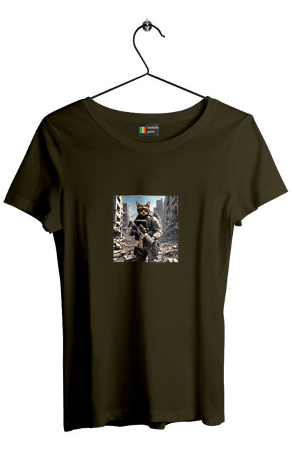 Футболка жіноча з принтом "Кіт десантник". Бронежилет, війна, військовий, гвинтівка, захисник, камуфляж, кіт, рушниця. 2070702