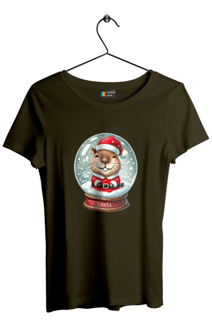 Women's t-shirt with prints Capybara in a snow globe. Animal, capybara, christmas, christmas capybara, gift, holiday, new year, new year`s gift, santa, snow globe. 2070702