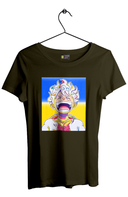 Футболка жіноча з принтом "Монкі д Луффі сміється на жовто блактному фоні". Ван піс, луффі, монкі д. луффі, прапор україни, символ україни, україна. 2070702