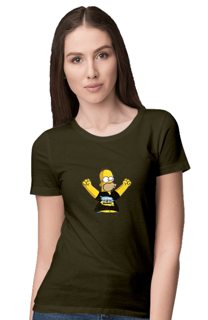 Women`s t-shirt with prints Simpson and the Russian ship. Homer, homer simpson, patriot, russian ship, ship brand, simpson, ukraine, victory, war. 2070702