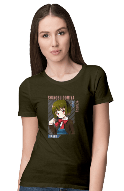 Women's t-shirt with prints Kiniro Mosaic Shinobu Omiya. Anime, gold mosaic, kiniro mosaic, kinmoza, manga, shinobu, shinobu omiya. 2070702