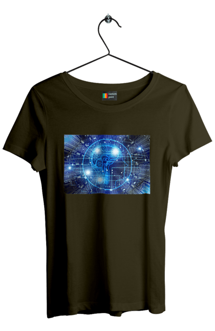 Футболка жіноча з принтом "Штучний інтелект". Айті, айтішник, гік, знання, інженер, інтелект, кібер, кібернетика, кіборг, код, комп, комп`ютерник, кристал, машинне навчання, мікросхема, мозок, портрет, програміст, професіонал, професія, розробник, розум, хакер, чіп, штучний інтелект, штучний розум. 2070702