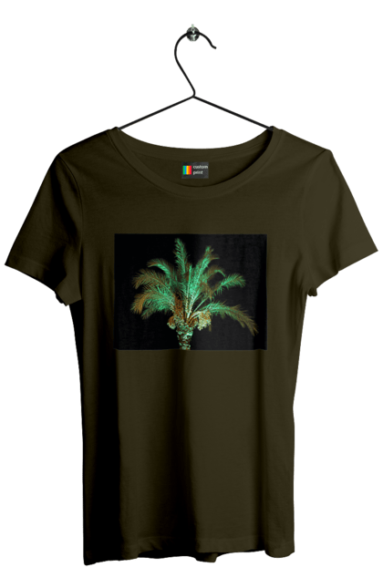 Women`s t-shirt with prints Date Palm At Night. Adventure, black, coast, date, green, island, night, oasis, ocean, palm, recreation, sea, sky, south, travel, tropics, vacation. 2070702