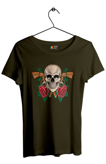 Women's t-shirt with prints Skull with roses. Bones, eyes, flowers, gun, leaves, rose flower, scull, spikes, teeth. 2070702