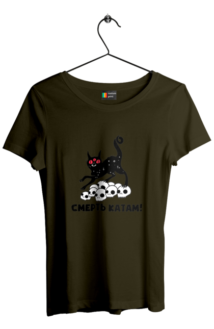 Women`s t-shirt with prints Death to the executioners. Cat, cats, patriotic, phrase, phrases, scull, ukrainian, war. 2070702