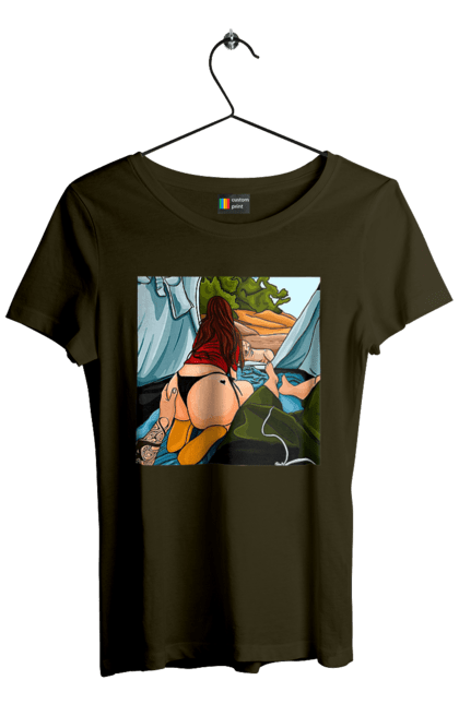 Футболка жіноча з принтом "Відпочинок З Улюбленою У Палатці". Відпочинок, жопа, палатка, собака. 2070702