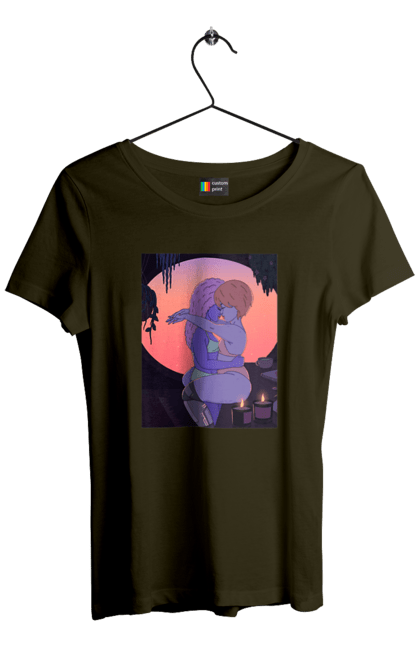 Women`s t-shirt with prints Purple Girls Hugging. Hug, sunset. 2070702