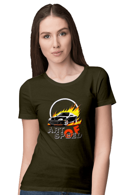 Women`s t-shirt with prints Car on fire. Auto, car on fire, drift, race, speed, sport, sports car. 2070702