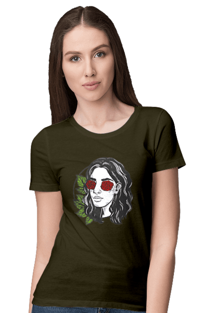 Women`s t-shirt with prints Girl With Roses In The Eyes. Girl, rose flower. 2070702