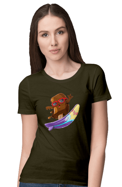 Women`s t-shirt with prints Morozhenko On The Surf. Glasses, ice cream, summer, surfing. 2070702