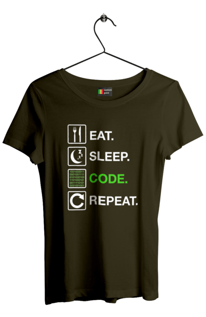 Футболка жіноча з принтом "Їж Cпи Кодуй Повторюй". Айті, айтішник, для айтішника, для програміста, їж спи, кодуй повторюй, подарунок айтішнику, подарунок програмісту, програміст, розробник. 2070702