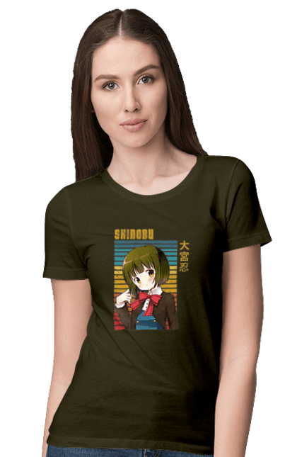 Women's t-shirt with prints Kiniro Mosaic Shinobu Omiya. Anime, gold mosaic, kiniro mosaic, kinmoza, manga, shinobu, shinobu omiya. 2070702