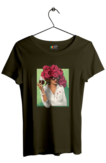 Women`s t-shirt with prints Girl with peonies and a glass. Flower, girl, glasses, goblet, peonies, shirt, summer, wine. 2070702