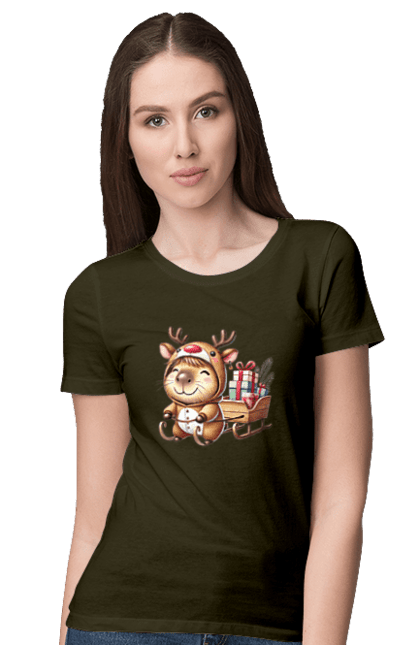 Women's t-shirt with prints Christmas Capybara with a Gift. Animal, capybara, christmas, christmas capybara, gift, holiday, new year, new year`s gift, santa. 2070702