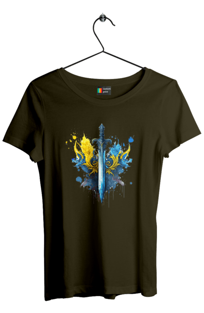Women`s t-shirt with prints A sword in the Ukrainian style. Emblem, flag, sword, symbol of ukraine, trident, ukraine, victory. 2070702