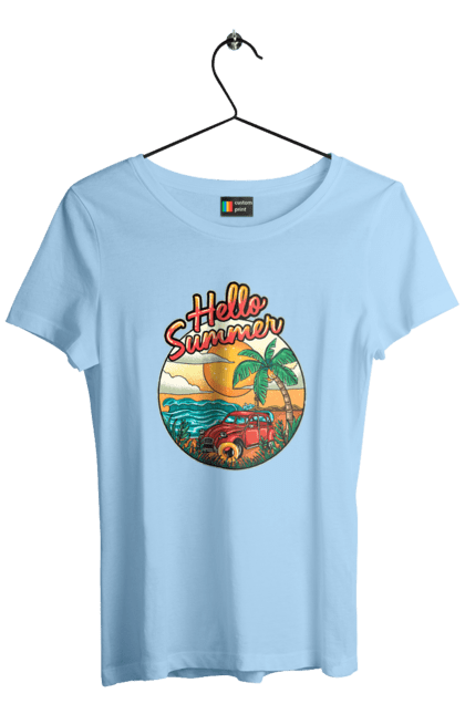 Women`s t-shirt with prints Hello Summer, Car By The Sea. Beach, island, palm, summer. 2070702