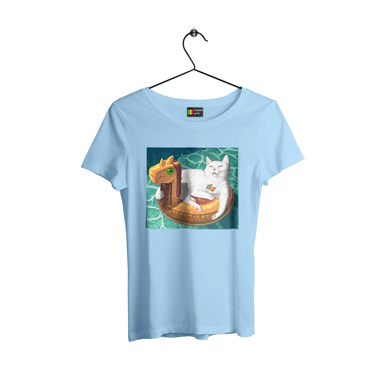 White cat in a swimming circle on vacation