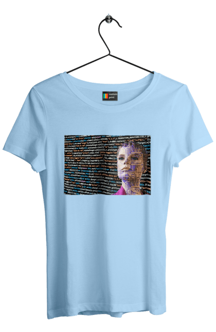 Футболка жіноча з принтом "Штучний Розум". Айті, айтішник, гик, жінка, знання, інженер, інтелект, кібер, кібернетика, кіборг, код, комп, комп`ютерник, кристал, машинне навчання, мікросхема, мозок, портрет, програміст, професіонал, професія, розробник, розум, світиться, світло, хакер, чіп, штучний інтелект, штучний розум. 2070702