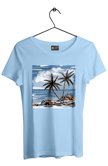 Футболка жіноча з принтом "Пальми І Небо". Море, небо, пальми, хмари. 2070702