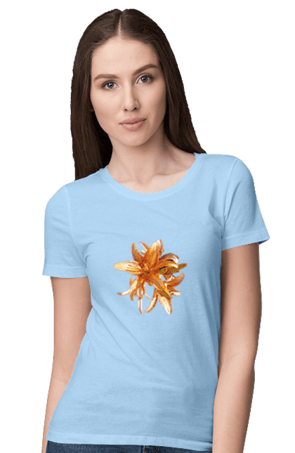 Women`s t-shirt with prints Orange lily. Beauty, flower, lily, nature, orange, solar. 2070702