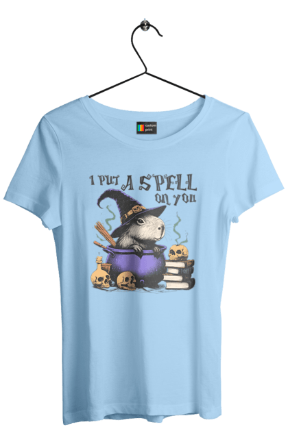 Women's t-shirt with prints Capybara Halloween. Animal, capybara, ghost, halloween, holiday, moon, pumpkin, rodent, witch. 2070702