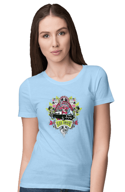 Women`s t-shirt with prints Car Show, Summer. Automobile, cards, money, palm, show. 2070702