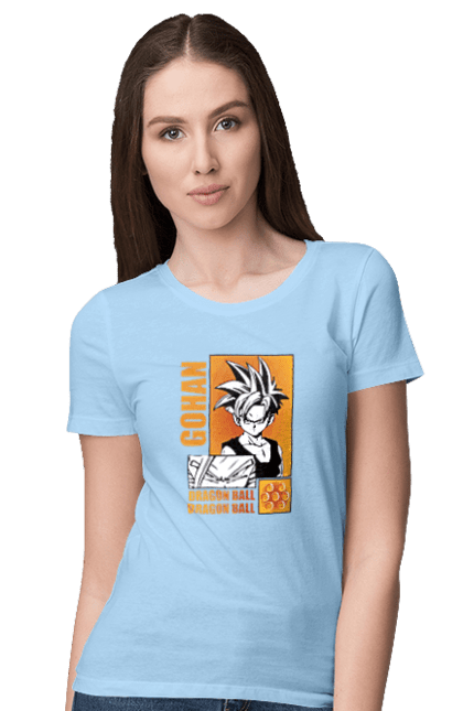 Women's t-shirt with prints Dragon Ball Gohan. Anime, dragon ball, gohan, goku, manga, tv series, vegeta. 2070702