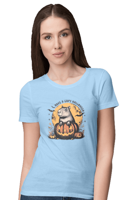 Women's t-shirt with prints Capybara Halloween. Animal, capybara, halloween, holiday, moon, pumpkin, rodent. 2070702