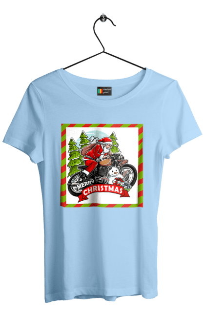 Women`s t-shirt with prints Santa on a motorcycle. Christmas, motorcycle, new year, presents, santa, snowman, tree. 2070702
