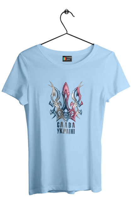 Women`s t-shirt with prints The Trident Glory to Ukraine is colored. Freedom, glory to ukraine, i am ukrainian, trident, ukraine, will. 2070702