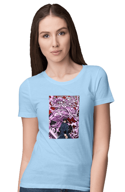 Women's t-shirt with prints Jujutsu Kaisen Megumi. Anime, dark fantasy, fushiguro, fushiguro megumi, jujutsu kaisen, magic battle, manga, megumi, mystic. 2070702