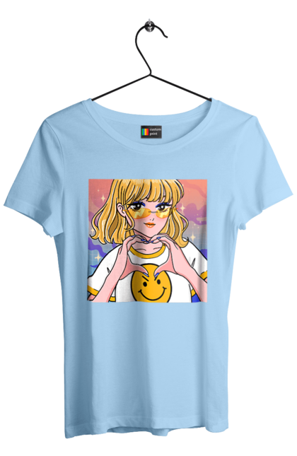 Футболка жіноча з принтом "Жовта Дівчинка". Аніме, дівчинка, смайл. 2070702