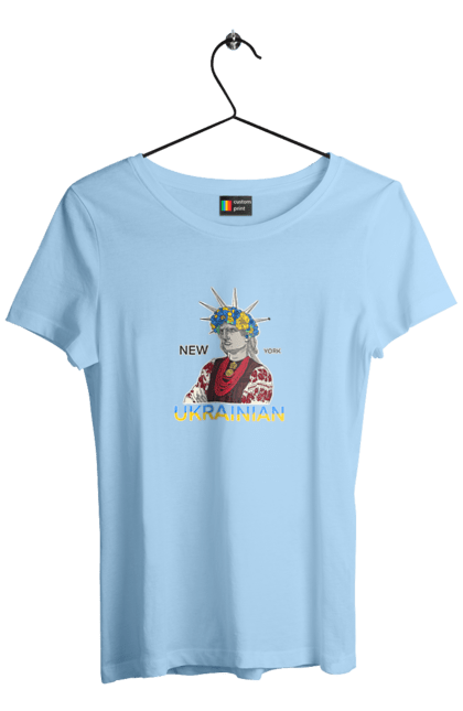 Women`s t-shirt with prints UA & NY. Embroidered shirt, new york, statue of liberty, ukraine, wreath. 2070702