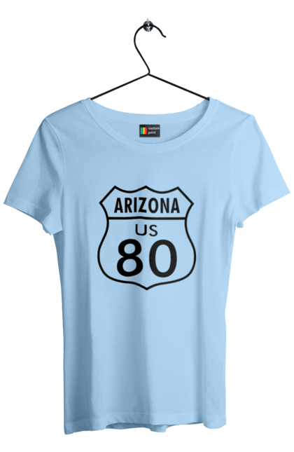Women`s t-shirt with prints Route 80. Bike, biker, biker club, bikers club, brother, brutal, dude, hot asphalt, hot horse, hot rod, motorcycle, motorcyclist, real man, road 50, road 66, road 80, roads of america, roads of ukraine, roads we choose, speed, take, thirst for speed. 2070702