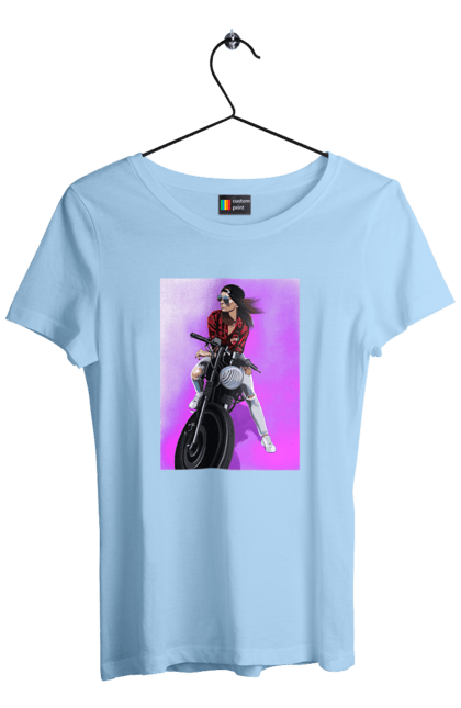 Футболка жіноча з принтом "Дівчина Байкер". Байк, байкер, гонка, дівчина, мото, мотор, мотоцикл, поїздка, стиль, стиль життя. 2070702