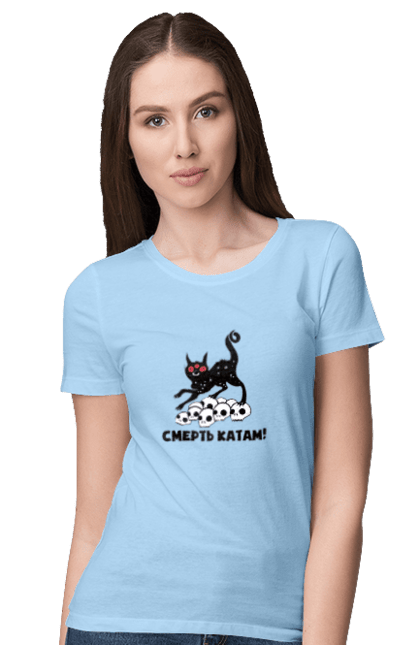Women`s t-shirt with prints Death to the executioners. Cat, cats, patriotic, phrase, phrases, scull, ukrainian, war. 2070702
