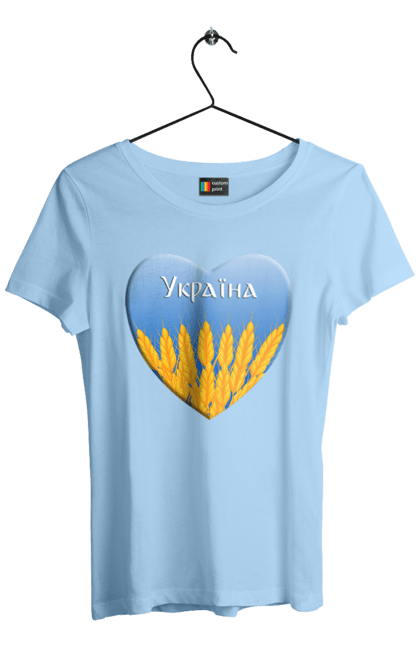Футболка жіноча з принтом "Серце з колосками Україна". Воля, колоски, небо, перемога, прапор україни, пшениця, серце, символ україни, україна. 2070702