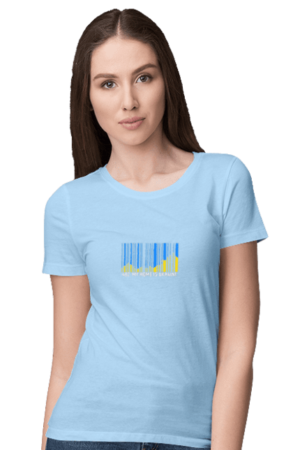 Women`s t-shirt with prints My home is Ukraine. Bar code, blue sky, home, mountains, my country, my house, state mark, ukraine. 2070702