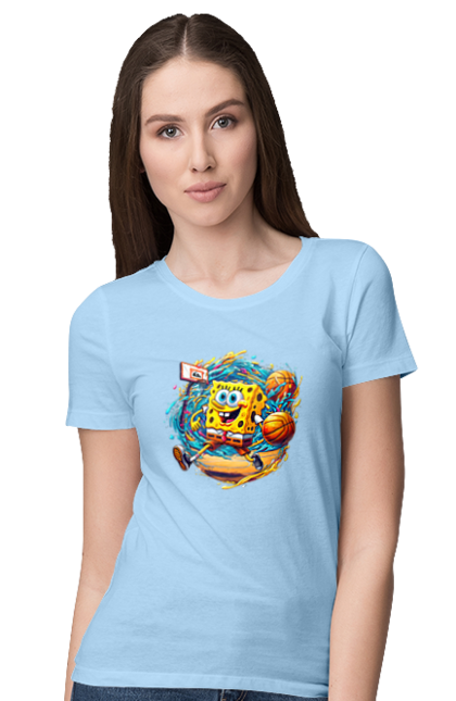 Women's t-shirt with prints SpongeBob. Animated series, ball, basketball, cartoon, spongebob, spongebob squarepants, sport. 2070702