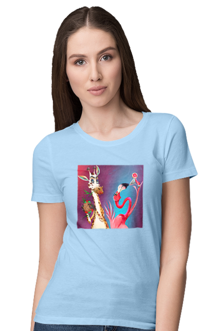 Women`s t-shirt with prints Giraffe And Flamingo At The Party. Cocktail, flamingo, food, giraffe. 2070702