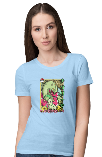 Women's t-shirt with prints Pokemon Chikorita. Anime, chikorita, games, nintendo, pokemon, pokemon go. 2070702