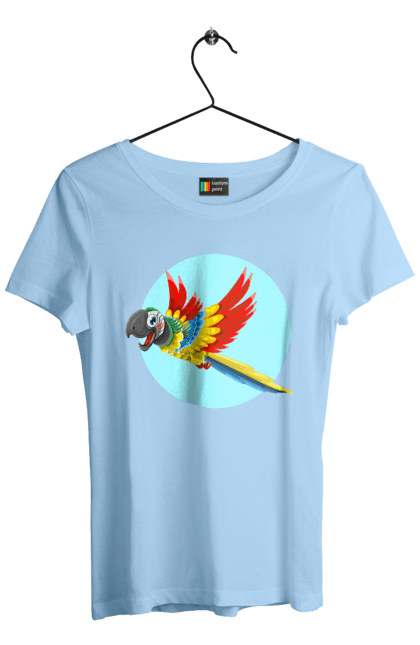 Футболка жіноча з принтом "Папуга". Барвистий папуга, какаду, кольоровий папуга, папуга, що летить. 2070702