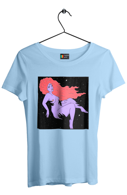 Футболка жіноча з принтом "Фіолетова Дівчина В Чорній Дирі". Дівчина, лапають. 2070702