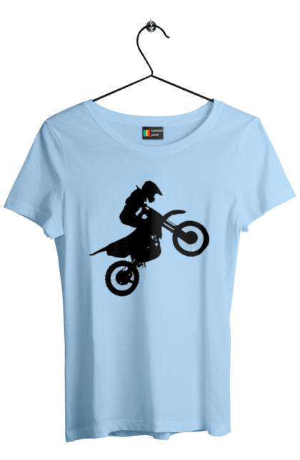 Футболка жіноча з принтом "Силует Мотоцикліста". Мотоцикл, мотоцикліст, шолом. 2070702