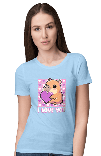 Women`s t-shirt with prints Capybara in love. Capybara, cute animals, hearts, i love you, love, romance, romantic gift, valentine, valentine`s day. 2070702