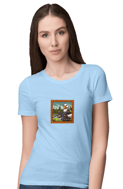 Футболка жіноча з принтом "Гусячий десант". Біологічна зброя, бойові гуси, військовий гусак, гусячий десант, зброєні сили, прапор, символіка, україна. 2070702