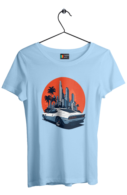 Футболка жіноча з принтом "Авто". Гонка, захід сонця, спортивний автомобіль, швидкість. 2070702