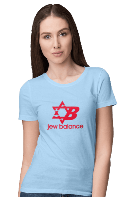Футболка жіноча з принтом "Jew Balance Red". New balance, гумор, еврейські, жарти, жартівливі, літні, прикольні, червоний. 2070702